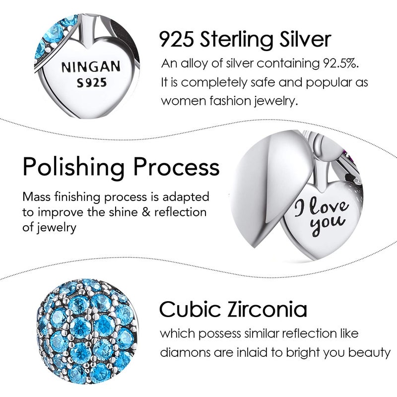 NINGAN â€œOnly Youâ€ Blue Love Heart Dange Charm 925 Sterling Silver Pendant Beads fit Bracelets & Necklaces, Birthday Gift for Women - Image 4